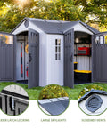 10x8 Ft Gray Resin Outdoor Storage Shed With Dual Entry Doors, high pitched roof, steel reinforced walls, and shelving.