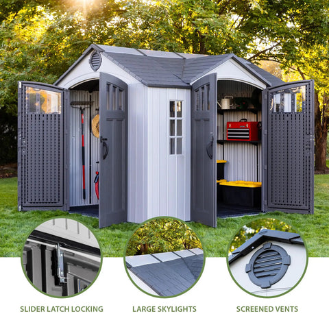 10x8 Ft Gray Resin Outdoor Storage Shed With Dual Entry Doors, high pitched roof, steel reinforced walls, and shelving.