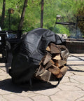 24-Inch Round Firewood Rack With Weatherproof Cover for Indoor Use on patio, holding stacked logs.