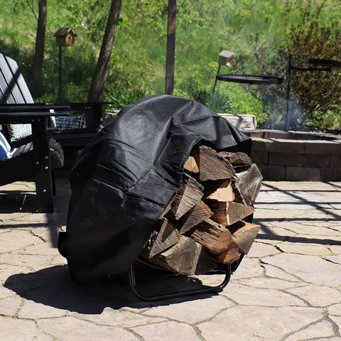 24-Inch Round Firewood Rack With Weatherproof Cover for Indoor Use on patio, holding stacked logs.