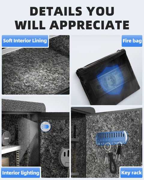 Inside features of 3.0 Cubic Feet Home Safe Box Built Tough With Fireproof Waterproof Bag, including soft lining, fire bag, lighting, key rack.