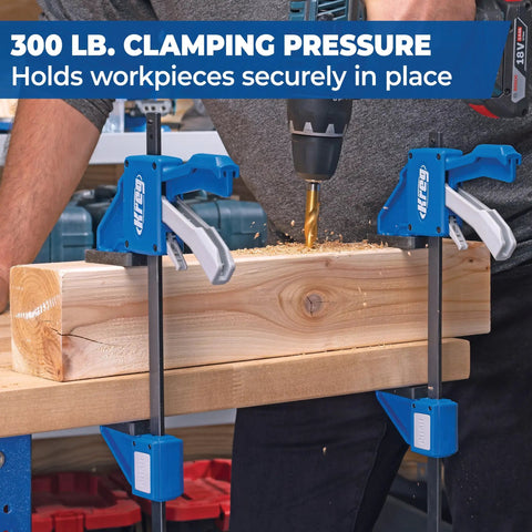 Gnarly Quick Grip Bar Clamps 12 Inch Heavy Duty Woodworking Tool 300 Lb Capacity GripMaxx Tech holding large timber securely during drilling.