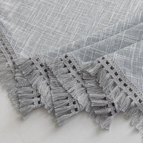Close-up of tassel linen textured swag valances for farmhouse kitchen and small windows light filtering rustic topper in cozy gray