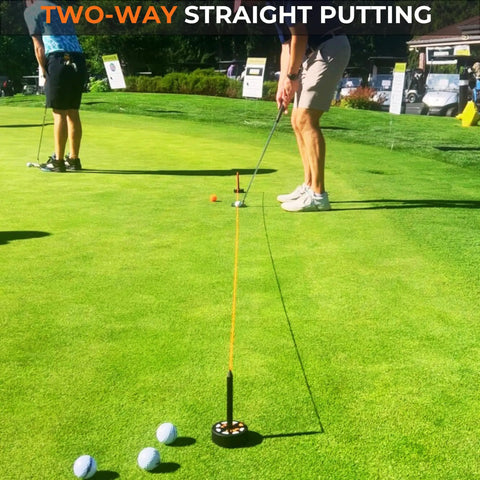 Golfer using Two-Way Putting Alignment System For Golf Training Indoor And Outdoor Practice Tool With Target Pucks And String Line