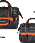 Front and back view of 13-Inch Pro-Grade Tool Carrier For Electricians And HVAC Techs Compact 32-Pocket Organizer With Easy-Access Pop-Up Mouth And Orange Lining Heavy-Duty 1680D Ballistic Fabric Mens Drill Bag