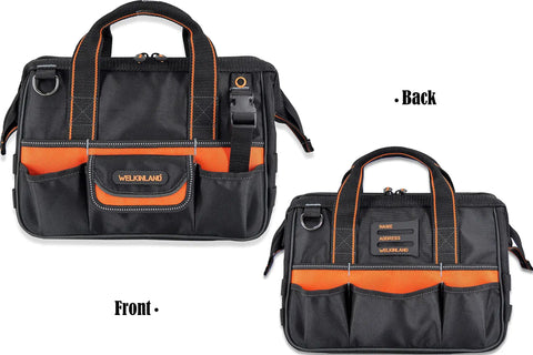 Front and back view of 13-Inch Pro-Grade Tool Carrier For Electricians And HVAC Techs Compact 32-Pocket Organizer With Easy-Access Pop-Up Mouth And Orange Lining Heavy-Duty 1680D Ballistic Fabric Mens Drill Bag