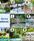 Solar Pond Filter With Fountain Pump Kit 8W Outdoor Pond Bird Bath Waterfall DIY Water Feature with 8 spray patterns displayed