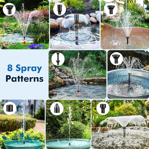 Solar Pond Filter With Fountain Pump Kit 8W Outdoor Pond Bird Bath Waterfall DIY Water Feature with 8 spray patterns displayed