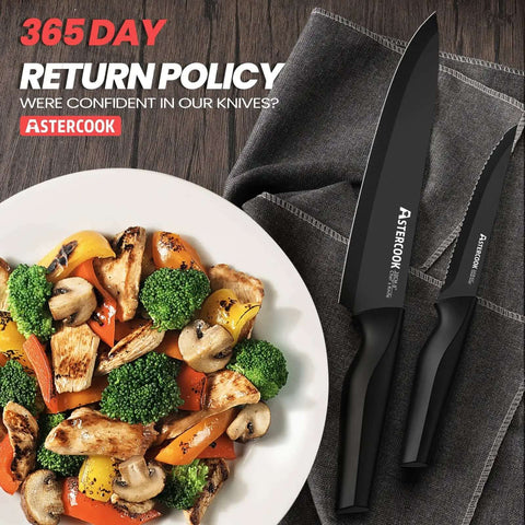 No Fuss All In One 21 Piece Kitchen Knife Set With Block And Built In Sharpener, black knives beside vegetable plate