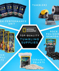 Rough Agate Rock Tumbler Refill Kit 1 lb mix with four grit stages and accessories, diagram of tumbling supplies and kits.