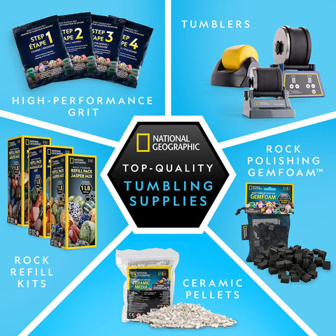 Rough Agate Rock Tumbler Refill Kit 1 lb mix with four grit stages and accessories, diagram of tumbling supplies and kits.