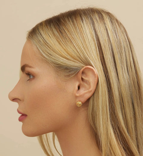 18K Gold Plated Woven Love Knot Stud Earrings For Women, 10mm, Made In Brazil, Dainty Yet Bold Gold Tone Jewelry For Everyday Glam, Hypoallergenic Earring Set on model