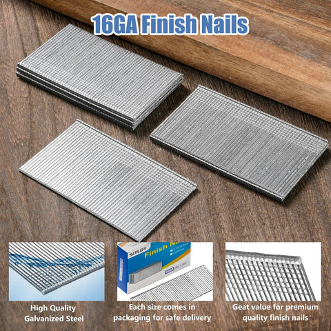 Hardcore Galvanized Finish Nails 16 Gauge 1 3/4 Inch 1000 Pack arranged on a wooden surface, showcasing quality galvanized steel.