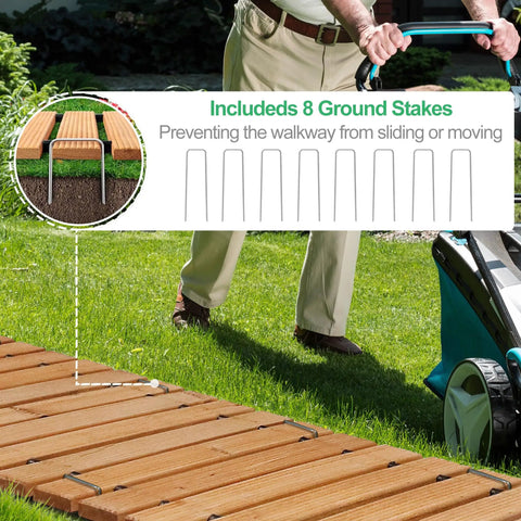 8 Ft Cedar Garden Pathway Roll Out Walkway For Patio And Beach Events, Weather-Resistant Wooden Boardwalk beside person