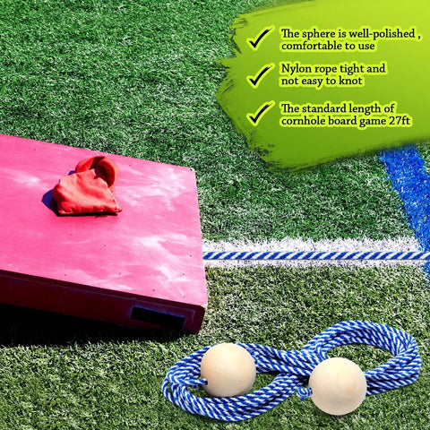 Two Sets 27 Feet Cornhole Distance Setup Tool Measuring Device for Boards with Blue Rope Cornhole Accessories for Accurate Backyard Toss and Competitive Play, blue rope and wood balls on turf