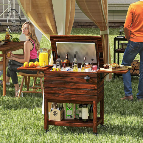 54 Quart Rolling Patio Cooler Cart With Pine Wood Ice Chest And Drain Fold Down Shelves Bottle Opener On Wheels For Backyard Poolside Deck Parties Holds Up To 72 Cans Or Bottles in outdoor setting