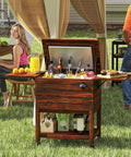 54 Quart Rolling Cooler Cart With Pine Wood Frame, Fold Down Trays, Drainage Plug, And 3 Layer Insulation at outdoor party