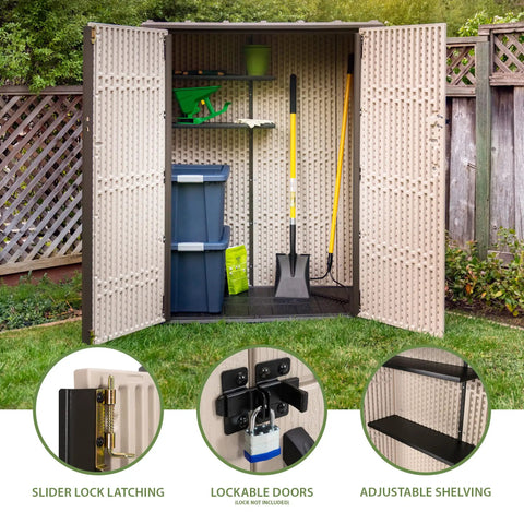 Vertical Storage Shed Desert Sand With Lockable Doors And Weather Resistant Resin Panels, open with tools inside