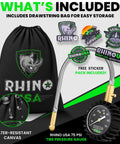 Rhino USA tire pressure gauge (0-75 PSI) with braided hose and brass fittings; includes storage bag and sticker pack.
