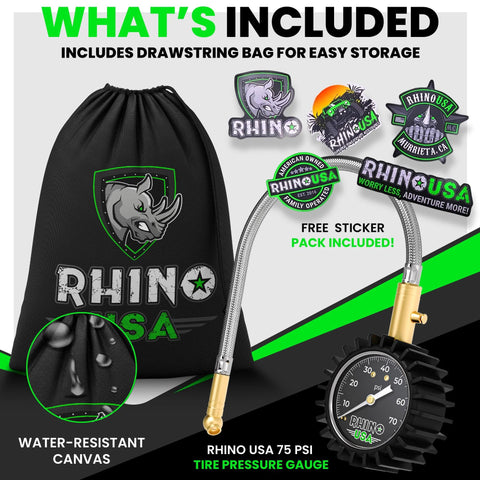 Rhino USA tire pressure gauge (0-75 PSI) with braided hose and brass fittings; includes storage bag and sticker pack.