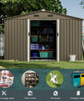 10 Foot By 8 Foot Outdoor Storage Shed With Waterproof Lockable Door Metal Tool Shed With Sliding Door And Ventilation Garden Tool Storage Room For Lawn Equipment And Supplies, open view with organized shelves and garden tools.