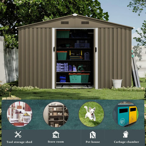 10 Foot By 8 Foot Outdoor Storage Shed With Waterproof Lockable Door Metal Tool Shed With Sliding Door And Ventilation Garden Tool Storage Room For Lawn Equipment And Supplies, open view with organized shelves and garden tools.