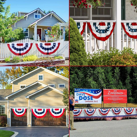 Patriotic Bunting Flags Set Of 6 Three Foot Long Outdoor Indoor Decoration Flags With Brass Grommets displayed on houses and fences