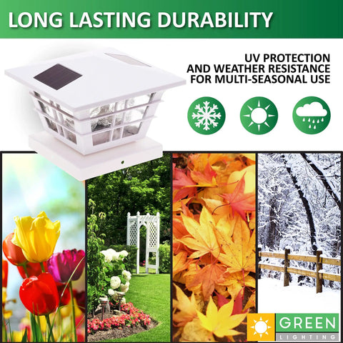 Cape Cod Solar Post Cap Lights for 4x4 Wood and 5x5 PVC Posts showing durability in various weather conditions.