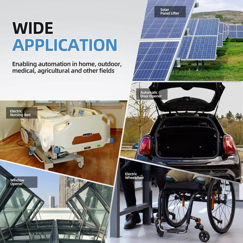 Wide applications of Beefy 8 Inch 12V Linear Actuator With 330Lb Thrust And 10mm Per Second Speed in various settings like medical and automotive.