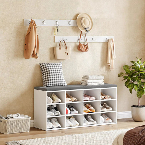 Shoe Storage Bench With Cushion 39 Inch Entryway Bench With 12 Cubbies And Coat Rack Hall Tree Style Storage Cabinet For Hallway White Finish Holds Up To 330 Lb