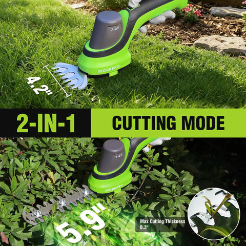 Cordless 7.2V Handheld Grass Trimmer With 2 In 1 Hedge Trimmer And Grass Shears, includes 2Ah battery cutting grass and shrubs