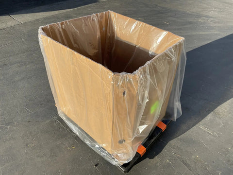 Heavy Duty White Gaylord Box Liners For Industrial Tote Bins Up To 55 By 55 By 75 Inches, Knockout 1.5 Mil Plastic Bags With One Month Uv Armor, Pack Of 4 Tough As Nails Waste Liners lined box on pallet