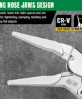 Close-up of long nose jaws on Long Nose Locking Pliers 9.5 Inch With Ergonomic Anti Slip Handle, Premium CRV Steel, Nickel Plated.