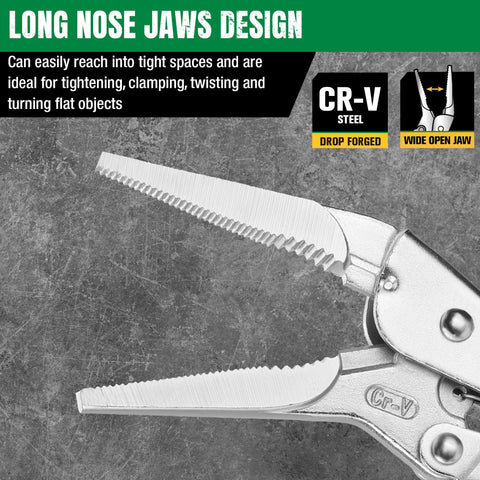 Close-up of long nose jaws on Long Nose Locking Pliers 9.5 Inch With Ergonomic Anti Slip Handle, Premium CRV Steel, Nickel Plated.