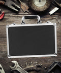 Hella Sturdy Aluminum Alloy Tool Storage Case With Reinforced Carry Handle And Lockable Portable Gear Box Organizer for auto mechanics, matte black design.