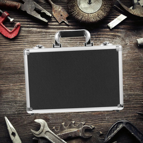 Hella Sturdy Aluminum Alloy Tool Storage Case With Reinforced Carry Handle And Lockable Portable Gear Box Organizer for auto mechanics, matte black design.