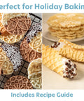 Cute Mini Electric Pizzelle Maker Creates Single 4 Inch Italian Waffle Cookies on a cooling rack with toppings.