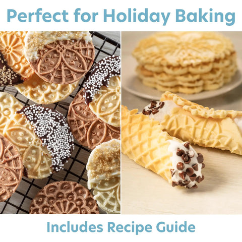 Cute Mini Electric Pizzelle Maker Creates Single 4 Inch Italian Waffle Cookies on a cooling rack with toppings.