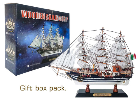 Wooden Model Ship Amerigo Vespucci 1:300 Scale Replica Fully Assembled Sailboat Decor next to packaging box