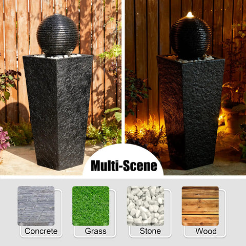 Outdoor LED Light Water Fountain With Submersible Pump Black Pedestal Modern Sphere Floor Fountain For Patio And Garden Decor Pebble Base Weatherproof Polyresin Construction 40 Inch High Yard Vibe.