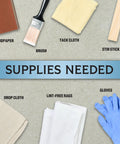 Supplies needed for applying Rich Dark Walnut Gel Stain Water Based Finish including brush, sandpaper, and gloves.