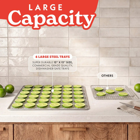 Slick Digital Food Dehydrator With Six Heavy Duty Trays, Smooth 360 Airflow Tech, One Touch Time Presets, Quick Dry Setup For Homemade Jerky Fruits And Herbs, Total Snacking Upgrade with six large steel trays of sliced limes.