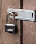 Tough As Nails Rugged Vinyl Covered Aluminum Padlock With Key Keyed Alike 2 Pack securing outdoor shed on metal latch
