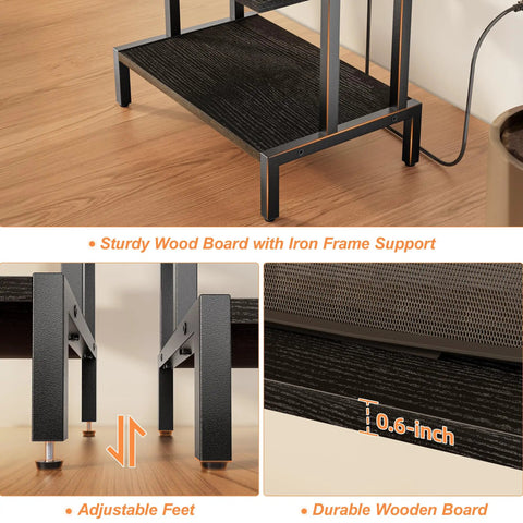 Close-up of Four Tier Gaming Console Stand With Outlet And USB Ports showing wood and iron frame, adjustable feet, and 0.6-inch board.