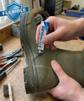 Boot And Shoe Repair Kit With Flexible Waterproof Adhesive For Soles And Uppers Easy Long Lasting Fix That Moves With Your Feet And Keeps Shoes Dry Like A True Workhorse applied to rubber boot seam