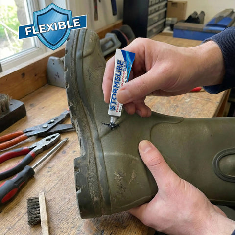 Boot And Shoe Repair Kit With Flexible Waterproof Adhesive For Soles And Uppers Easy Long Lasting Fix That Moves With Your Feet And Keeps Shoes Dry Like A True Workhorse applied to rubber boot seam