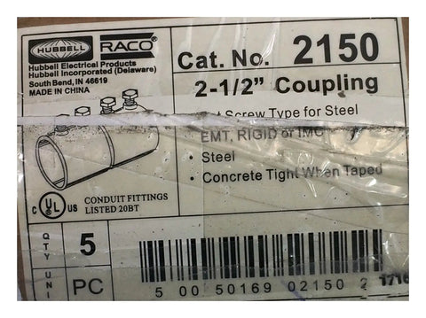 Set Screw Coupling For EMT Conduit 2-1/2 Inch Trade Size Steel Zinc-Plated Pack Of 5 With Tri-Head Screws For Slotted Phillips Or Robertson Screwdrivers UL Listed label