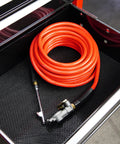 50 Foot 3 By 8 Inch Air Compressor Hose 300 PSI Heavy Duty Lightweight PVC Flex coiled in tool drawer with chuck attachment