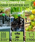 Drip Irrigation System Kit Complete Garden Watering Solution with adjustable emitters for raised beds, pots, and greenhouse.