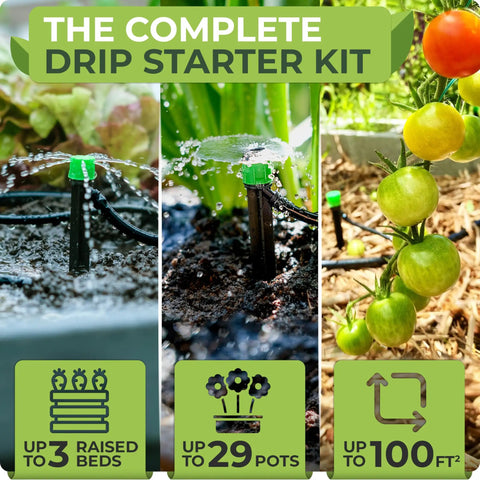 Drip Irrigation System Kit Complete Garden Watering Solution with adjustable emitters for raised beds, pots, and greenhouse.